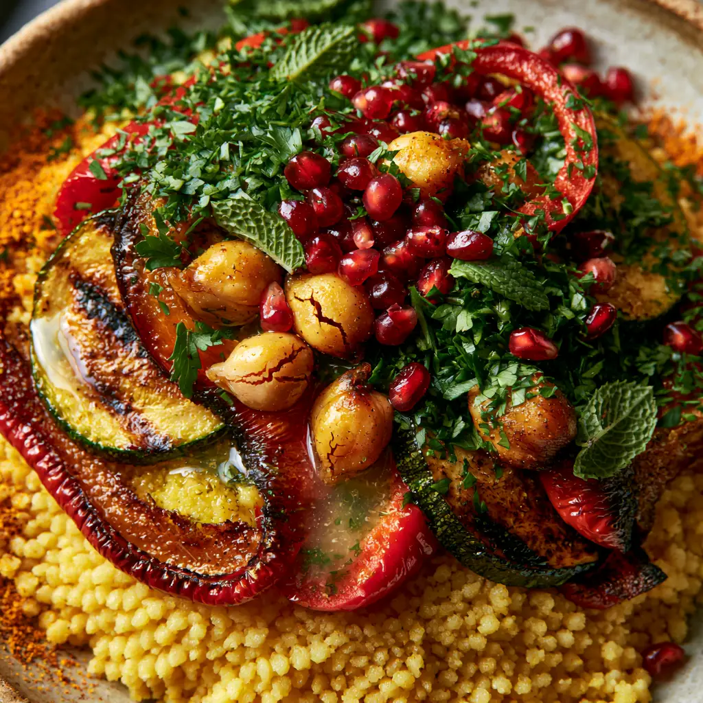 Moroccan Couscous with Roasted Vegetables and Lemon Vinaigrette 2 Macro top-down view of fluffy Moroccan couscous grains and charred zucchini.