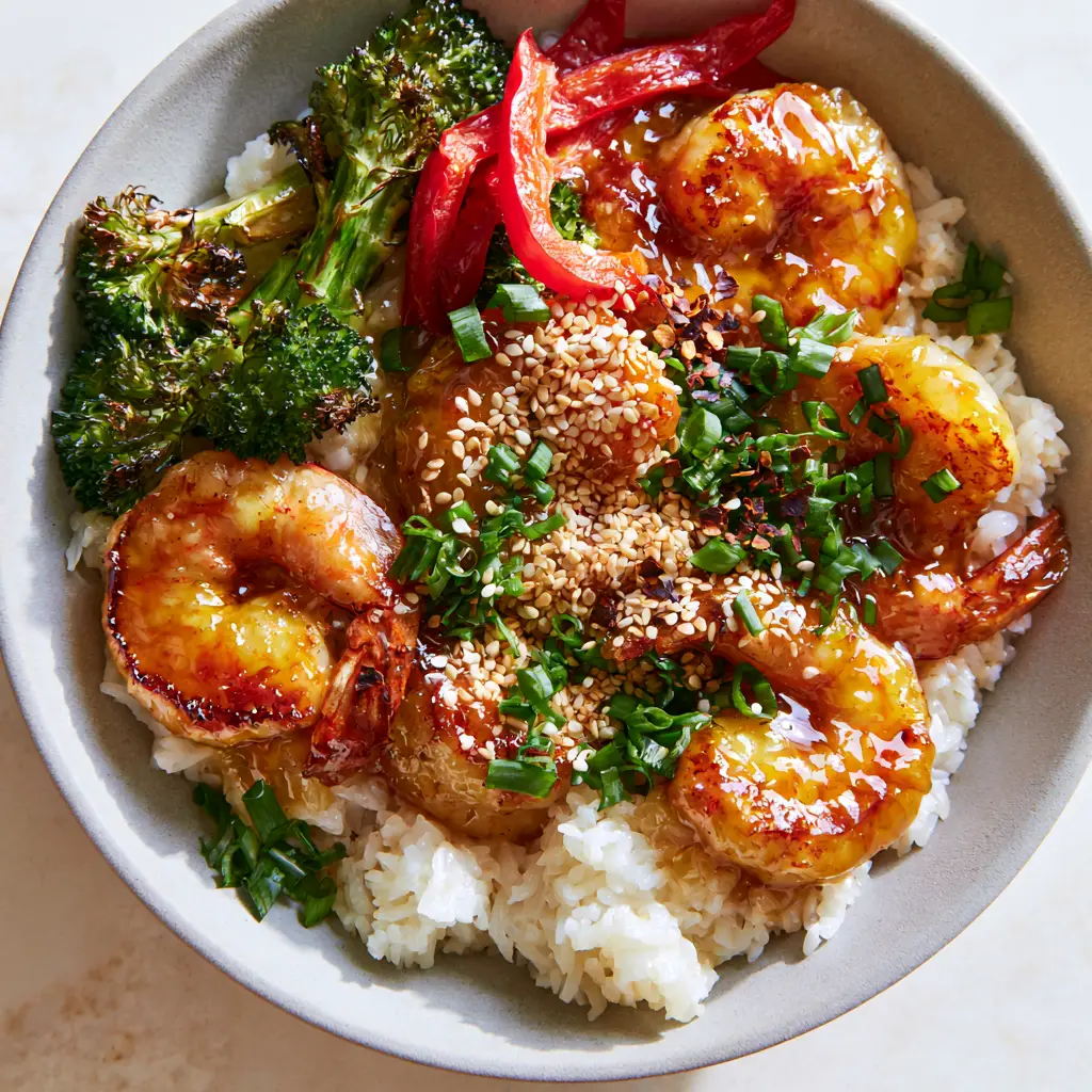 Honey garlic shrimp bowls: The Ultimate 20-Minute Healthy Dinner 2 Top-down view of Honey garlic shrimp bowls with glossy glaze, scallions, and sesame seeds.