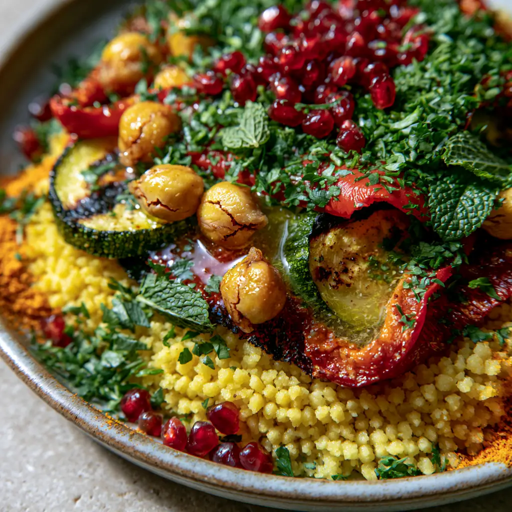 Moroccan Couscous with Roasted Vegetables and Lemon Vinaigrette 1 Handheld photo of a stone bowl filled with Moroccan couscous and colorful vegetables.