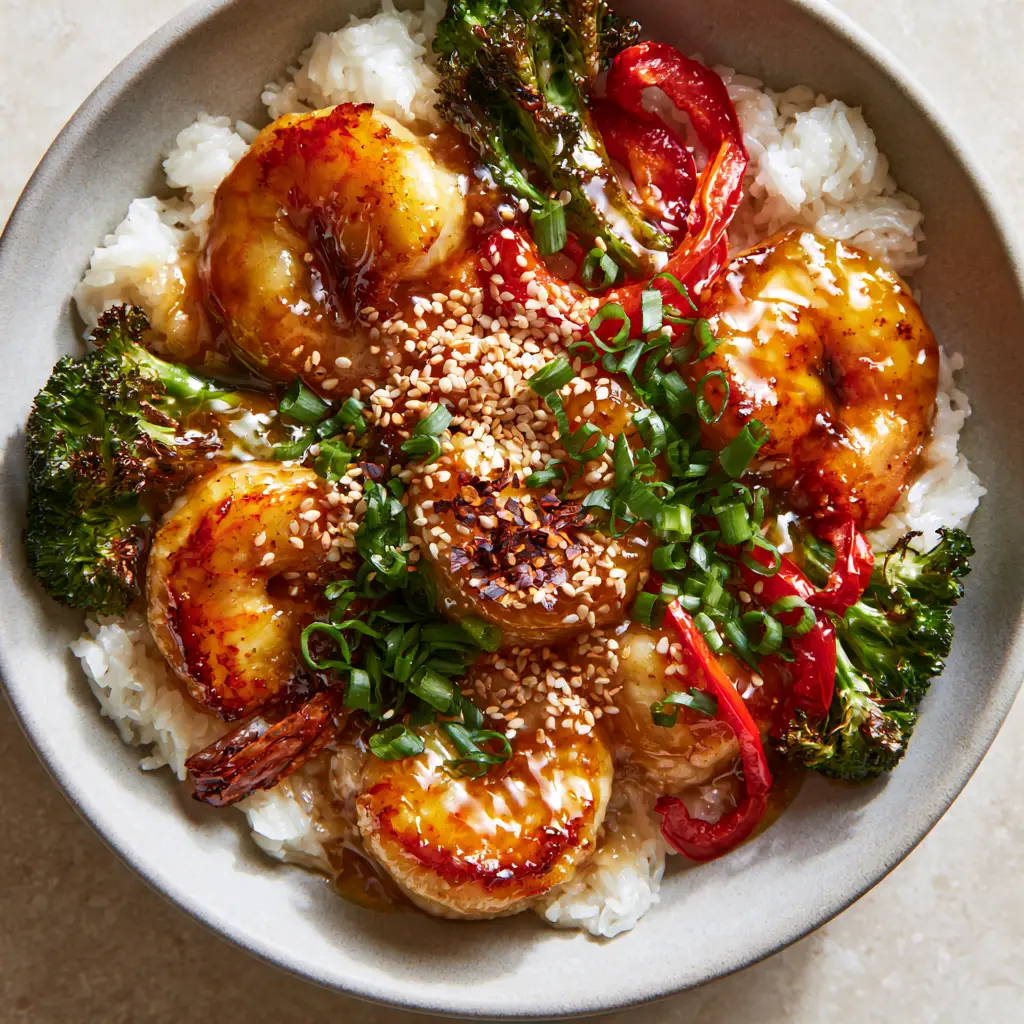 Honey garlic shrimp bowls: The Ultimate 20-Minute Healthy Dinner 1 Close up of seared jumbo shrimp and charred broccoli florets in a Honey garlic shrimp bowl.