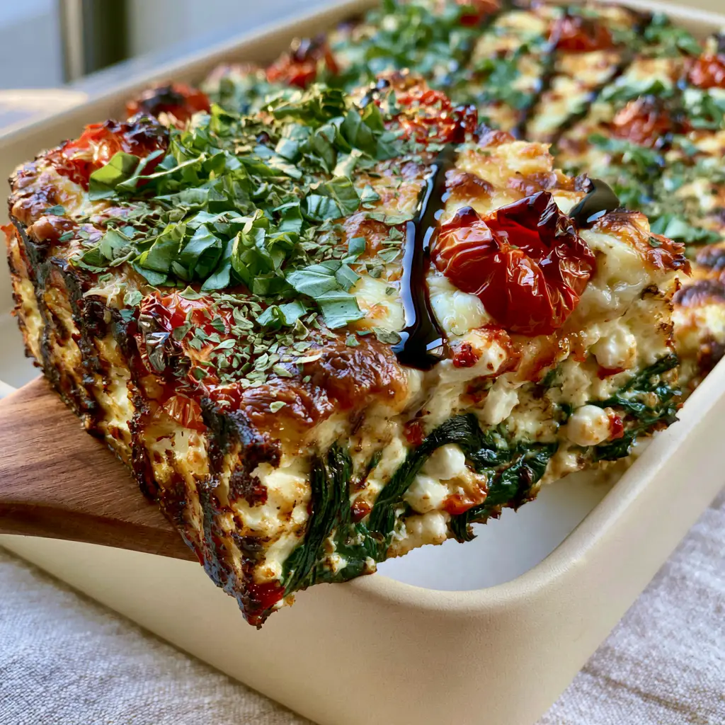 Cottage Cheese Veggie Bake: High-Protein Mediterranean Spinach Bake 2 Close up shot of a cottage cheese veggie bake with blistered cherry tomatoes and a bubbling golden-brown cheese crust.