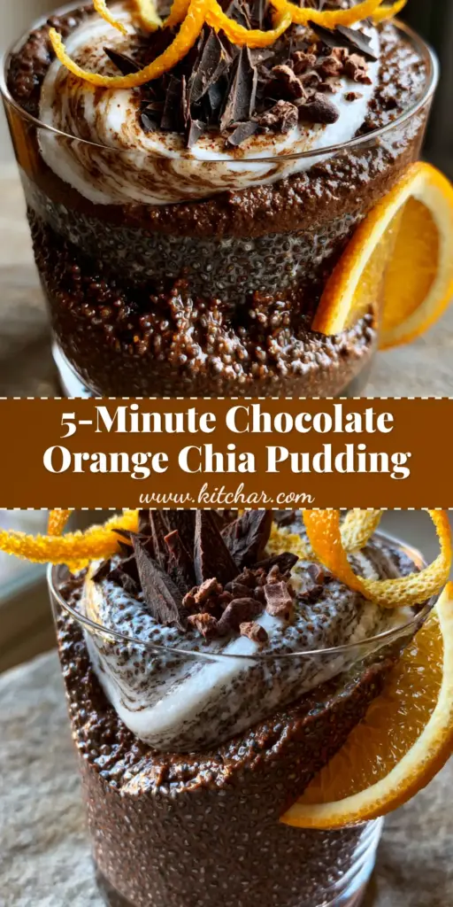 A close-up vertical shot of Chocolate Orange Chia Pudding in a glass tumbler with orange zest and chocolate shards.