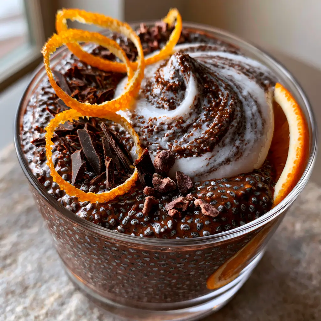 Authentic handheld photo of Chocolate Orange Chia Pudding showing a thick, velvety dark cacao base and coconut cream swirl.
