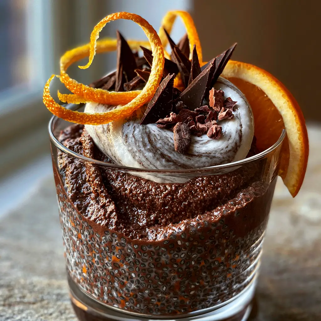 A side view of Chocolate Orange Chia Pudding in a heavy glass tumbler garnished with fresh orange half-moons and cacao nibs.