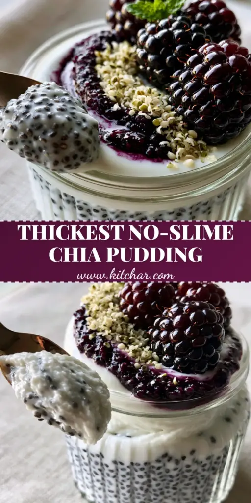 A thick, mousse-like Chia pudding in a ribbed glass jar topped with blackberries, blueberry compote, and hemp hearts.