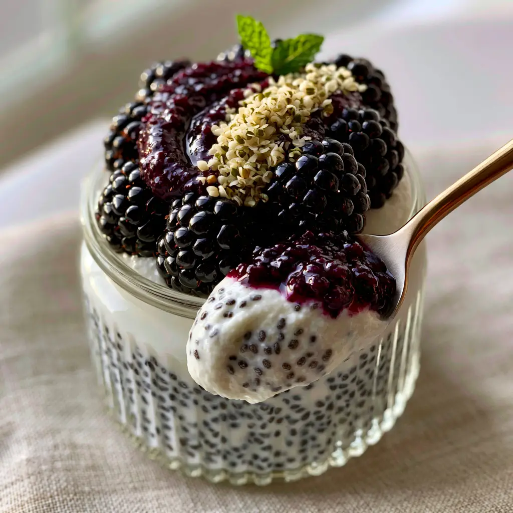 A close-up shot of Chia pudding showing the dense, non-dripping glob on a spoon with vanilla flecks and black chia seeds.