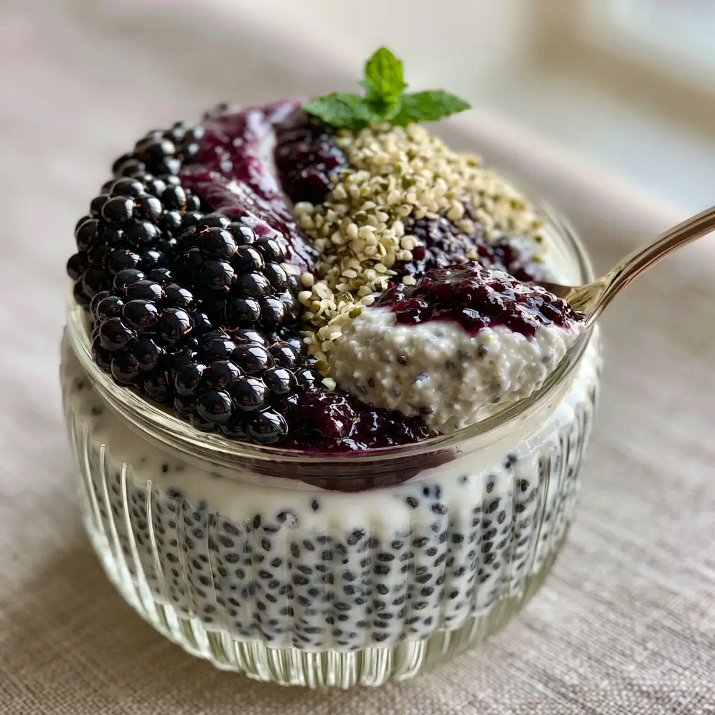 A side view of a ribbed glass jar filled with Chia pudding, layered with dark blueberry compote and whole blackberries.