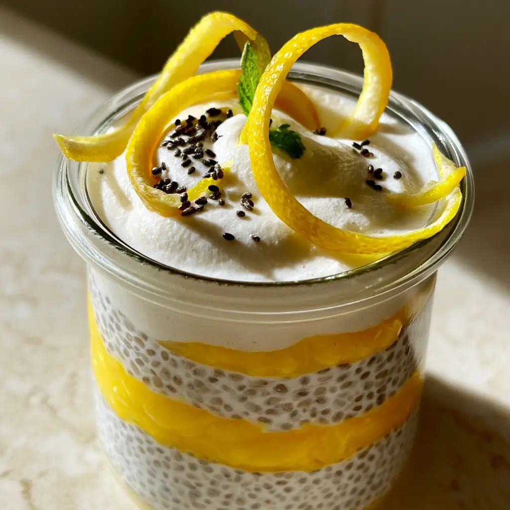 Lemon Cream Chia Pudding with Velvety Coconut Whip 1 Macro shot showing the texture of plumped white chia seeds and a thick translucent lemon curd swirl.