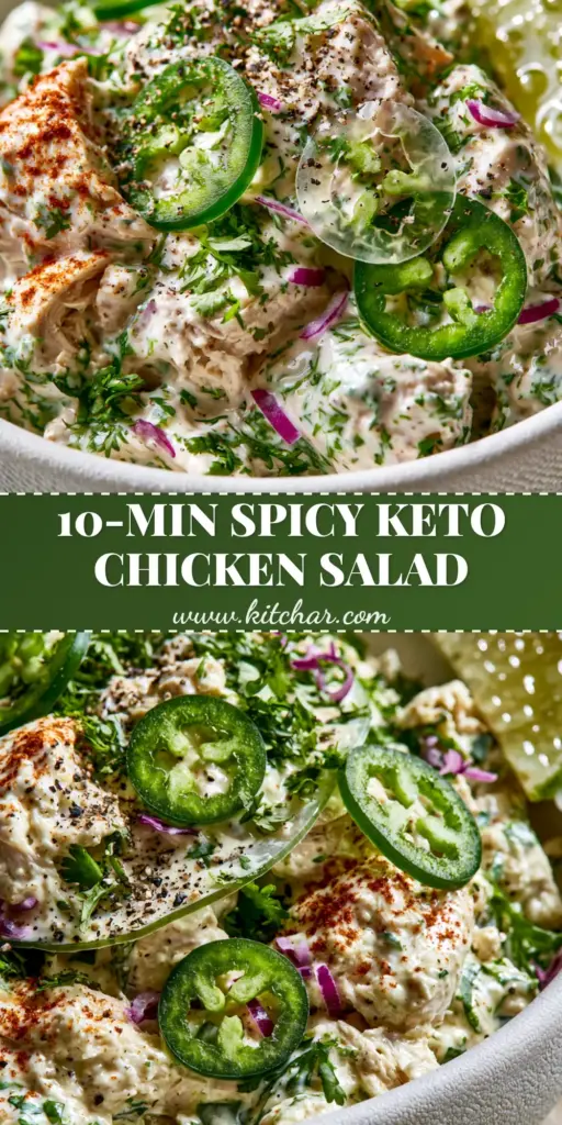 A vibrant Jalapeño Chicken Salad with shredded chicken, creamy yogurt dressing, and fresh jalapeño rounds in a white bowl.