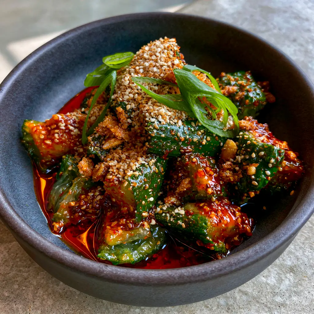 Spicy Asian Cucumber Salad with Chili Garlic Oil (Smashed) 2 POV handheld smartphone photo of Spicy Asian Cucumber Salad in a dark matte ceramic bowl with jagged cucumber chunks and vibrant crimson oil.