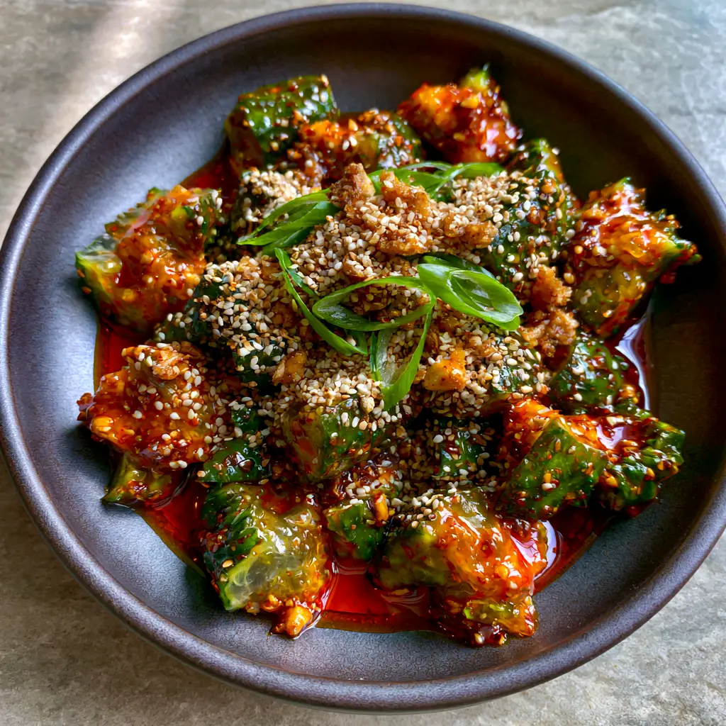 Spicy Asian Cucumber Salad with Chili Garlic Oil (Smashed) 1 Close up shot of Spicy Asian Cucumber Salad garnished with crispy fried garlic and white sesame seeds.