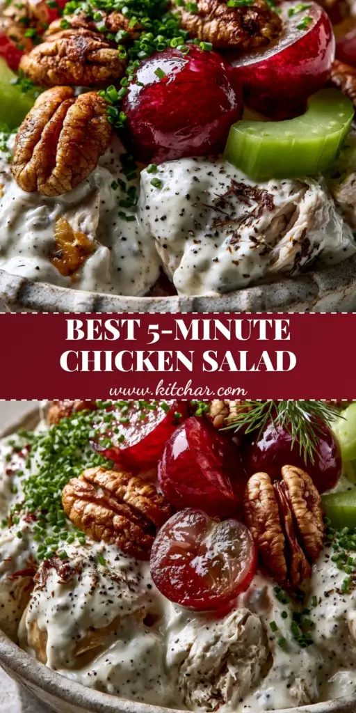 Easy Chicken Salad Recipe with Grapes and Toasted Pecans 3 A rustic bowl filled with a creamy easy chicken salad recipe featuring shredded chicken, toasted pecans, and halved red grapes, garnished with fresh dill.
