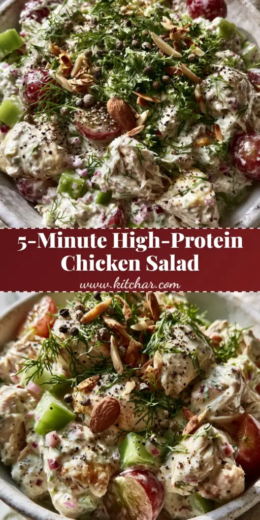 A vertical Pinterest-optimized shot of a creamy easy chicken salad with vibrant grapes, green celery, and fresh dill in a white bowl.