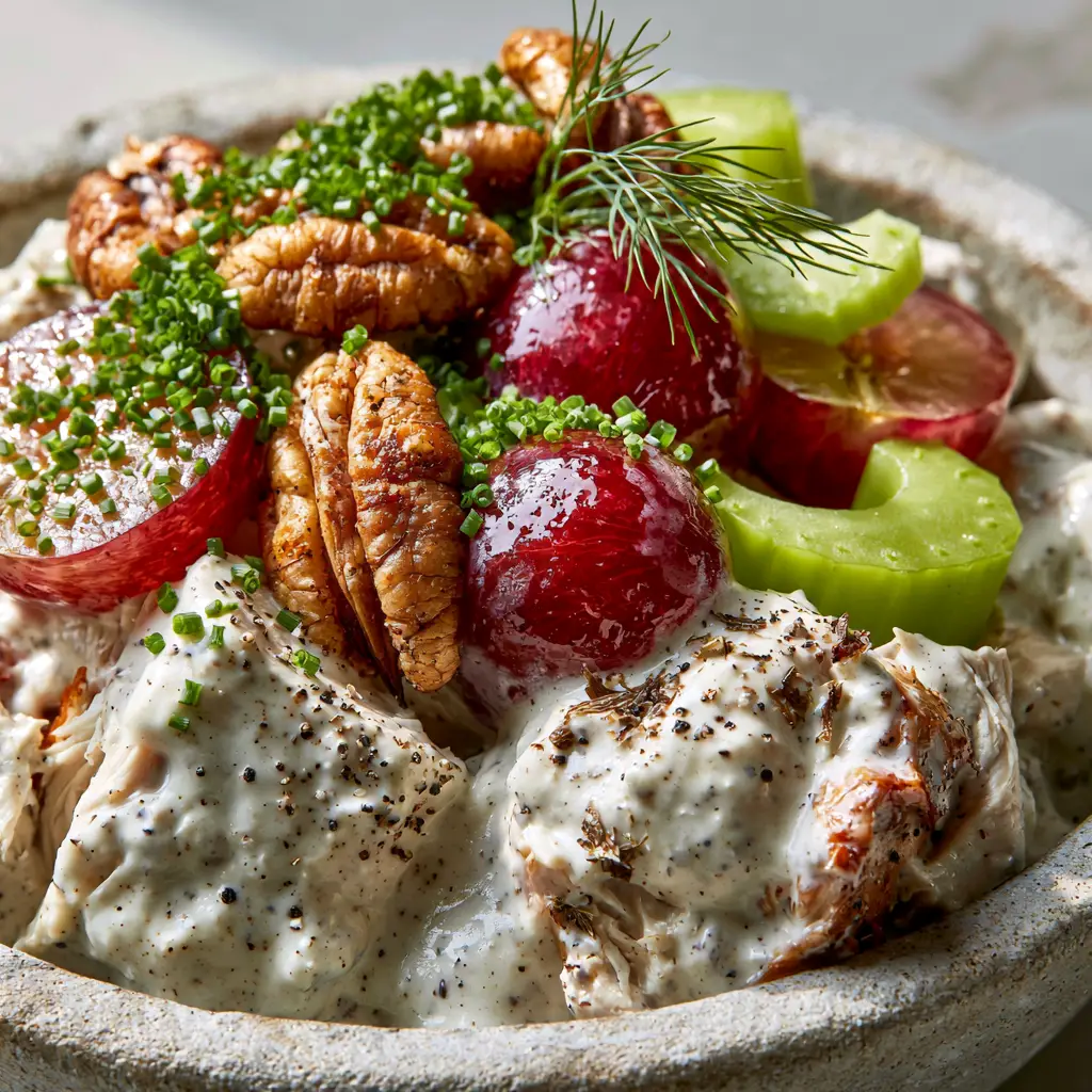 Easy Chicken Salad Recipe with Grapes and Toasted Pecans 2 Macro shot of shredded chicken coated in thick herb dressing with cracked black pepper for our easy chicken salad recipe.