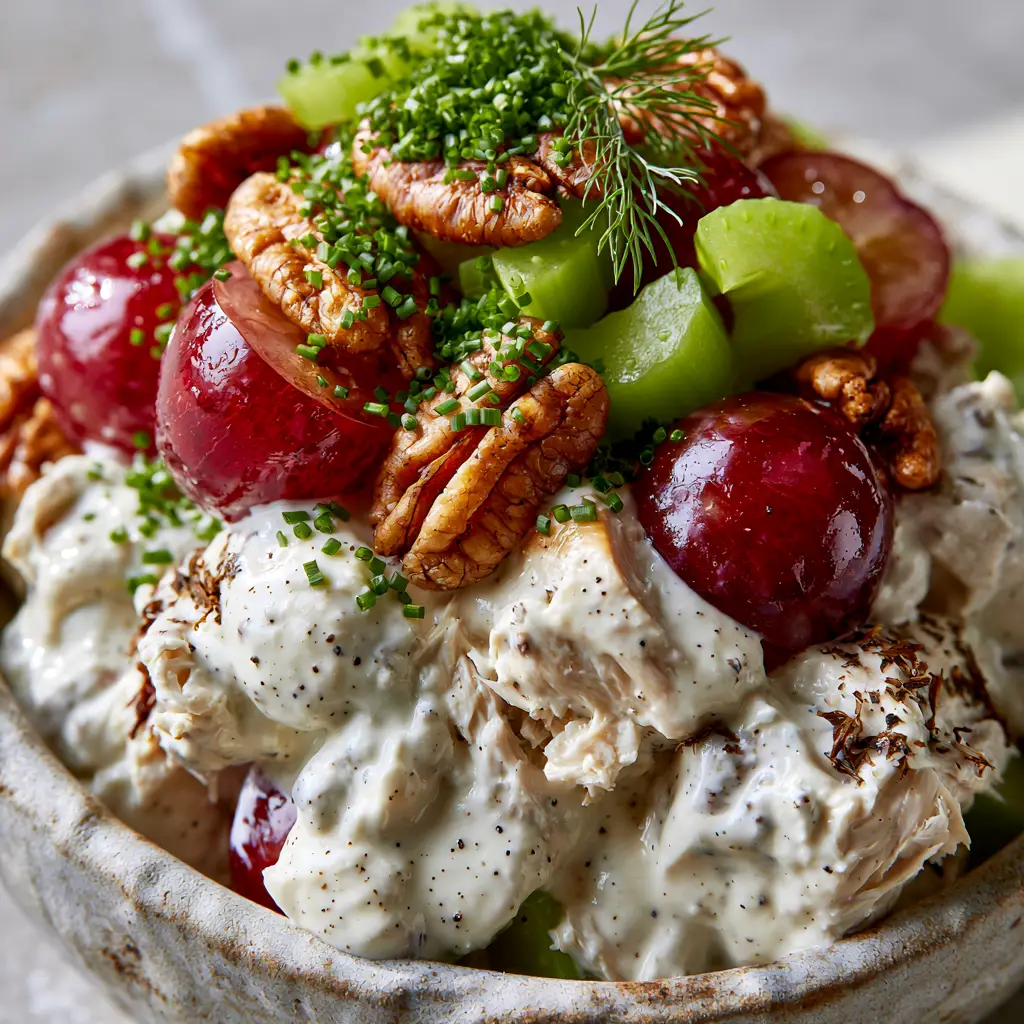 Easy Chicken Salad Recipe with Grapes and Toasted Pecans 1 Close up of halved red grapes and toasted pecan halves on top of an easy chicken salad recipe.
