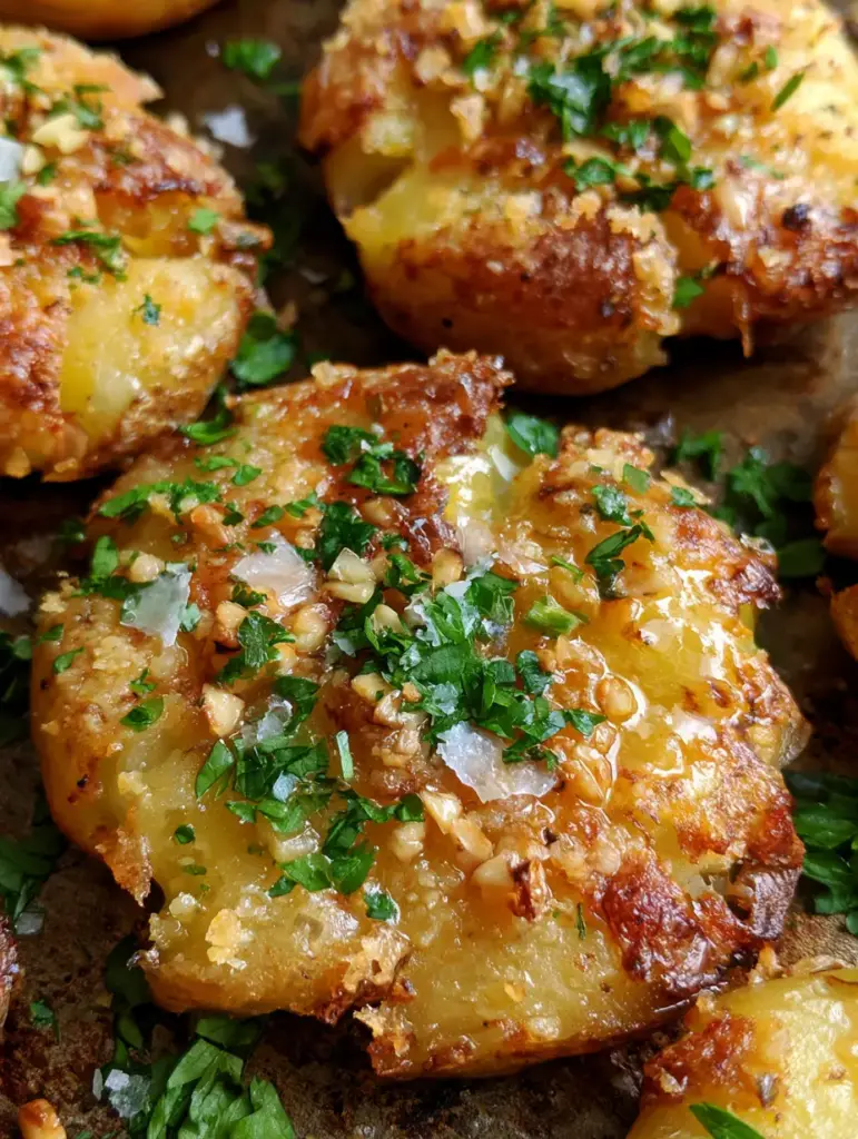 Garlic Parmesan Smashed Potatoes with Ultra-Crispy Jagged Edges 1 Side-lit close up of smashed baby potatoes encrusted with browned parmesan flakes and sea salt.