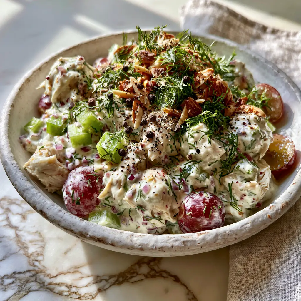 Close-up of easy chicken salad with visible toasted slivered almonds, cracked black pepper, and fresh dill sprigs.