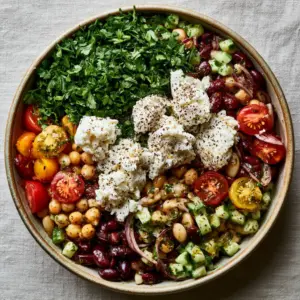 A rustic ceramic bowl filled with glossy chickpeas, kidney beans, and heirloom tomatoes in morning light. (bean salad recipes)