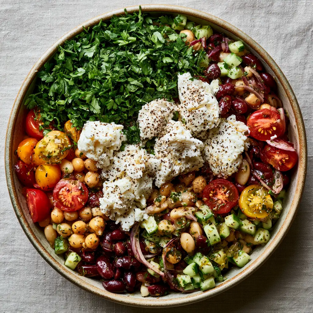 Bean Salad Recipes: The Ultimate Mediterranean Three-Bean Medley 2 A rustic ceramic bowl filled with glossy chickpeas, kidney beans, and heirloom tomatoes in morning light. (bean salad recipes)