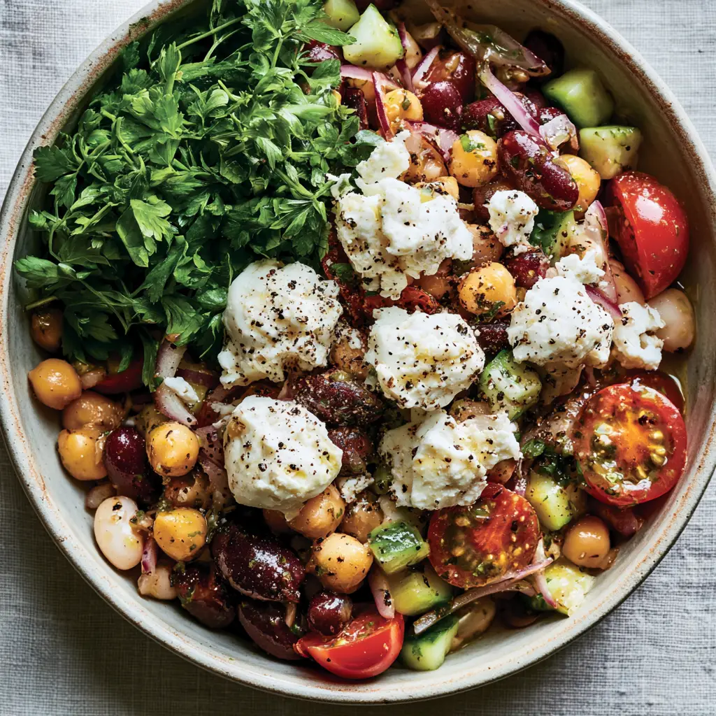 Bean Salad Recipes: The Ultimate Mediterranean Three-Bean Medley 1 Close up of creamy feta crumbles and fresh parsley topping a zesty three-bean salad medley.