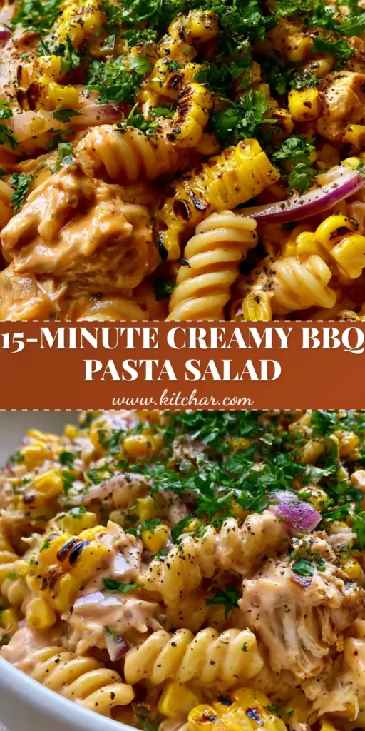 BBQ Chicken Pasta Salad: The Ultimate Creamy Summer Side Dish 4 Vertical Pinterest pin showing a close-up of creamy BBQ chicken pasta salad with charred corn and cilantro in a white bowl.
