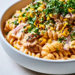 Extreme close-up of BBQ chicken pasta salad featuring ridged fusilli and glossy pale-peach BBQ mayo dressing. (BBQ chicken pasta salad)