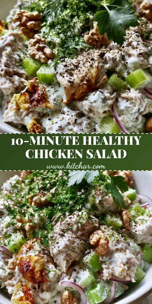 A close-up shot of Healthy Chicken Salad with creamy Greek yogurt dressing, toasted walnuts, and fresh dill in a matte white ceramic bowl on a light wood surface.