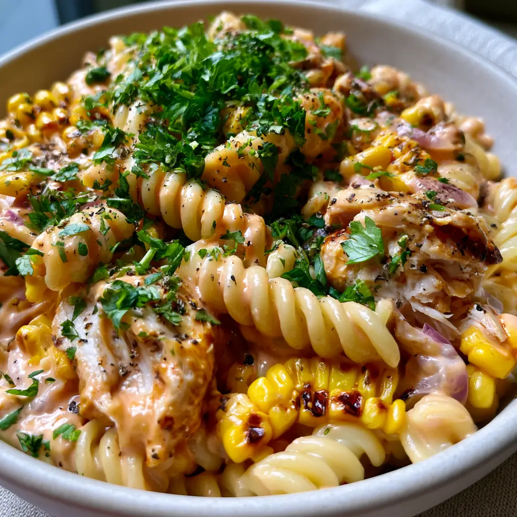 BBQ Chicken Pasta Salad: The Ultimate Creamy Summer Side Dish 1 45-degree angle shot of BBQ chicken pasta salad in a matte stoneware bowl showing charred corn and pulled chicken.