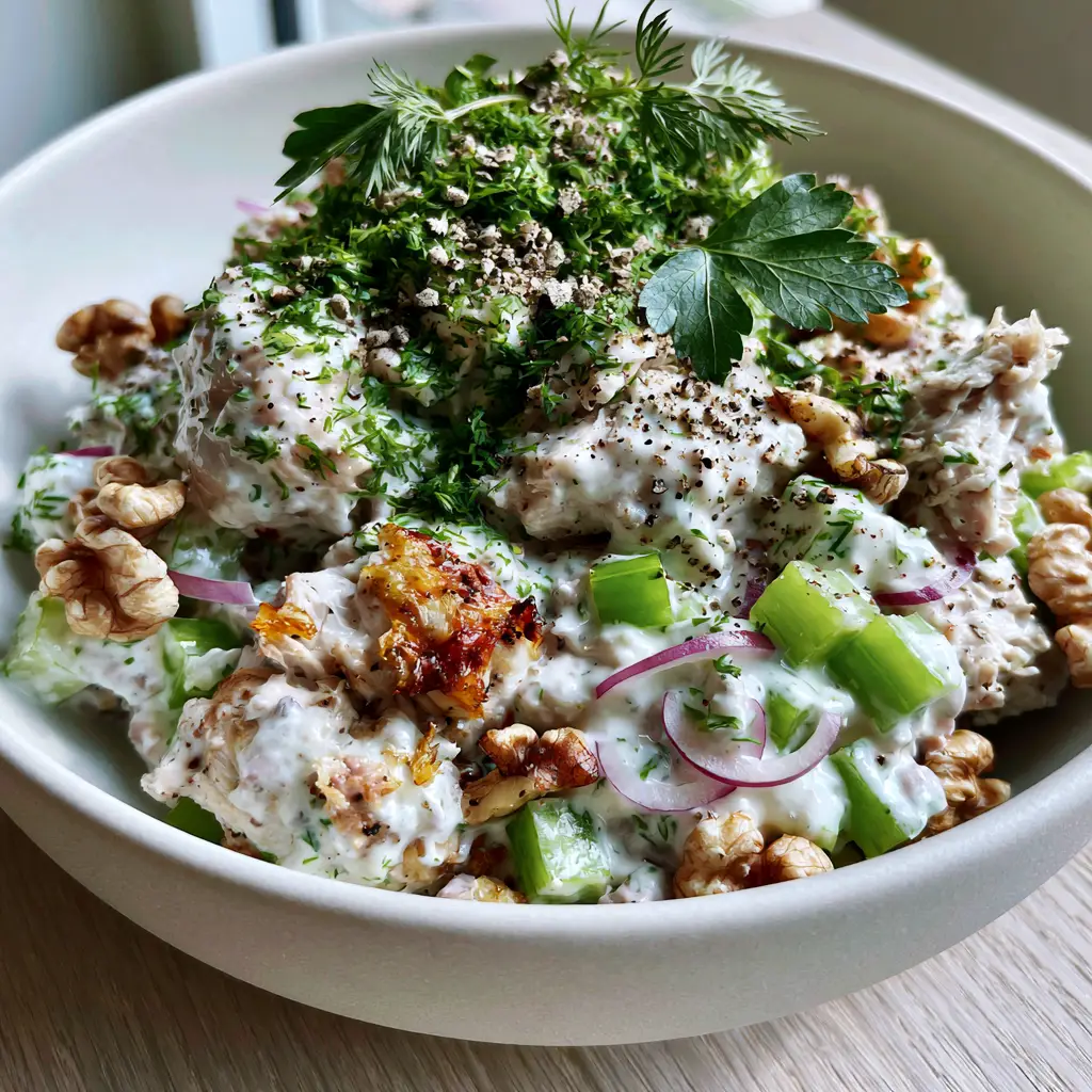 Birds eye view of the Healthy Chicken Salad showing the lush herb topping and toasted walnut halves.