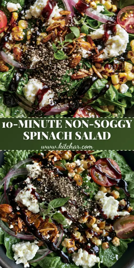A top-down macro shot of a Spinach Salad in a charcoal bowl featuring charred corn, feta, and balsamic glaze zig-zags.
