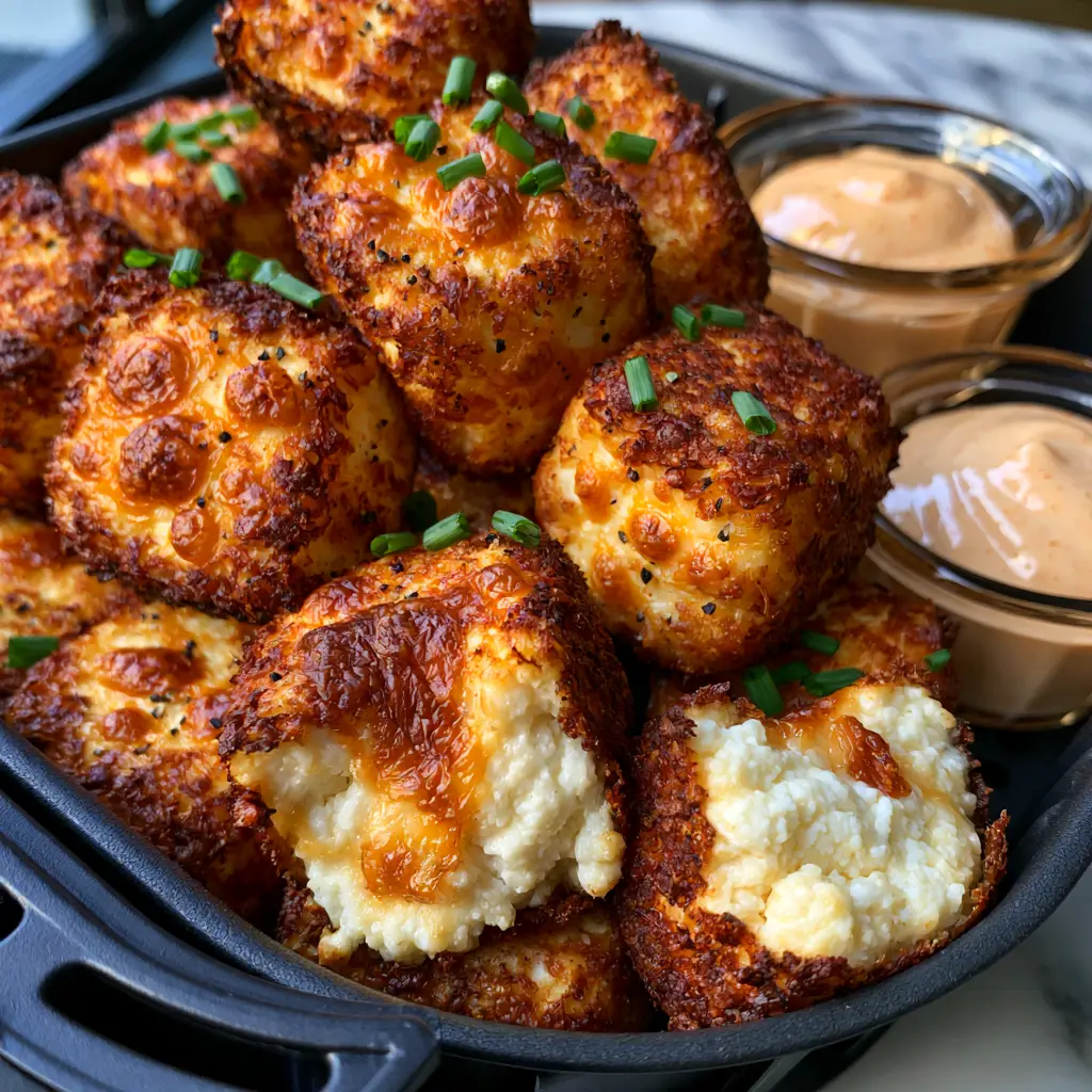 Cottage Cheese Tots: The Ultimate Crispy Air Fryer High-Protein Snack 1 One cottage cheese tot split in half to reveal a steaming, creamy white center and chive garnish.