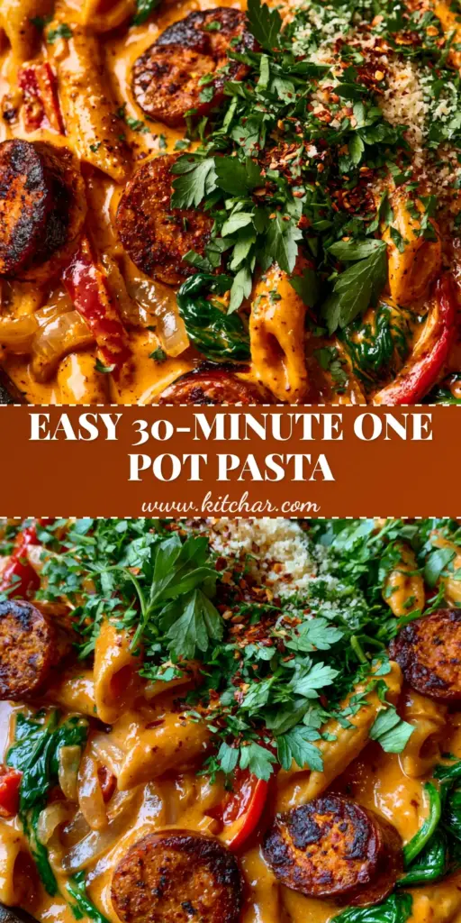 Cajun Sausage Pasta: The Ultimate Creamy One-Skillet Dinner 3 Top-down view of a cast iron skillet filled with creamy cajun sausage pasta, garnished with parsley and red pepper flakes. (cajun sausage pasta)