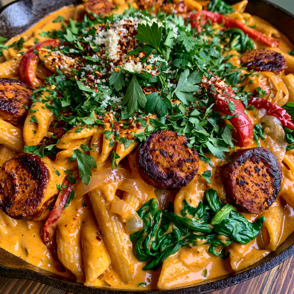 Cajun Sausage Pasta: The Ultimate Creamy One-Skillet Dinner 2 Close-up of al dente penne pasta coated in vibrant orange cajun cream sauce with seared sausage. (cajun sausage pasta)