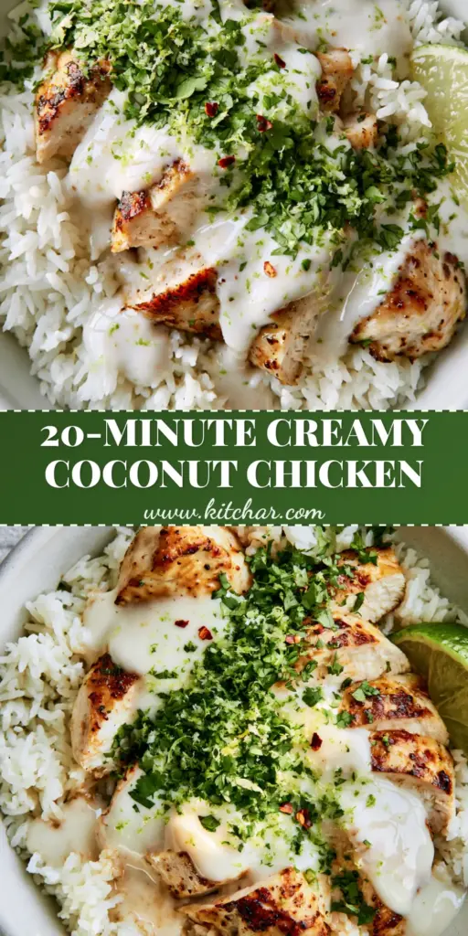 Coconut Chicken with Zesty Lime and Fluffy Jasmine Rice 3 A top-down macro shot of a Creamy Coconut Chicken Rice Bowl with golden chicken, white sauce, and fresh cilantro. (Coconut Chicken)