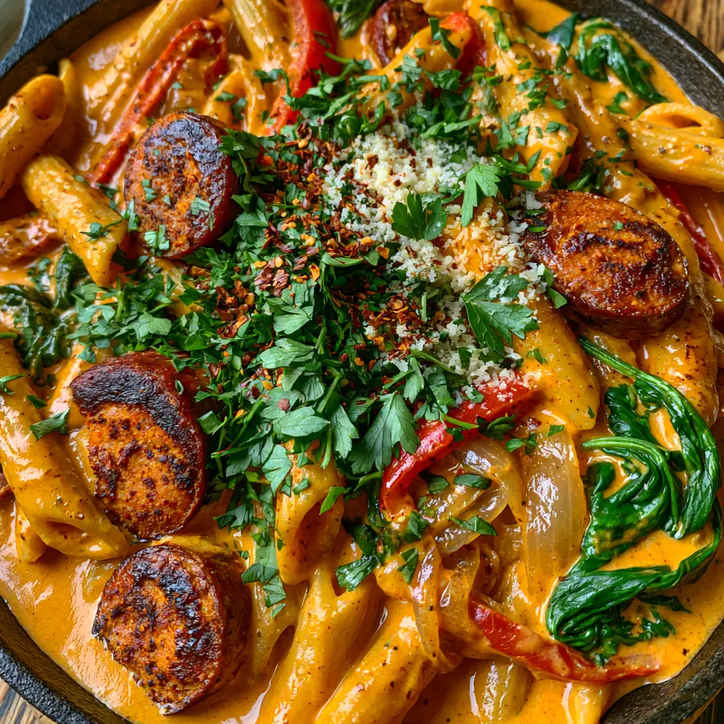 Cajun Sausage Pasta: The Ultimate Creamy One-Skillet Dinner 1 Extreme top-down shot of cajun sausage pasta in a rustic black skillet featuring wilted spinach and red peppers.
