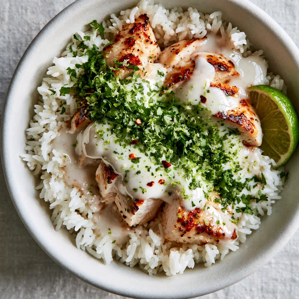 Coconut Chicken with Zesty Lime and Fluffy Jasmine Rice 2 Close up shot of golden-seared chicken breast drizzled with thick coconut lime sauce and lime zest. (Coconut Chicken)