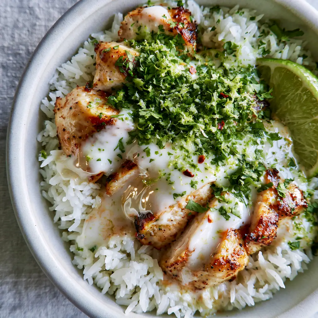 Coconut Chicken with Zesty Lime and Fluffy Jasmine Rice 1 Steaming bowl of jasmine rice topped with coconut chicken, red chili flakes, and a lime wedge.
