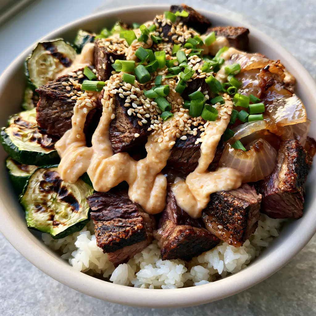 Detailed texture of seared ribeye steak and pale orange yum yum sauce in Hibachi Steak Bowls.