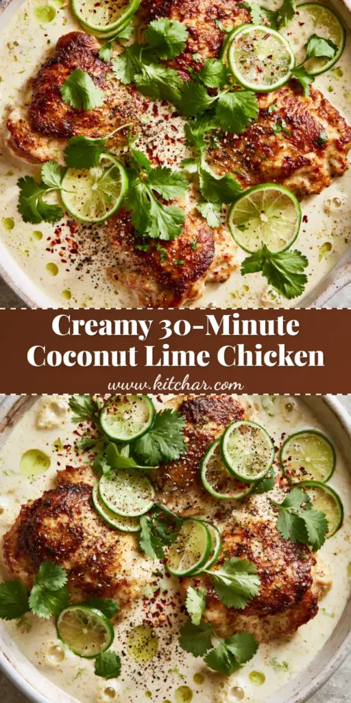 A top-down view of creamy coconut lime chicken in a white skillet with golden chicken thighs and green lime wheels.