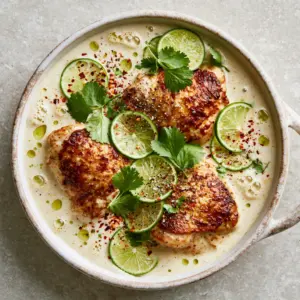 Searing golden-brown chicken thighs in a rustic white ceramic skillet for creamy coconut lime chicken.
