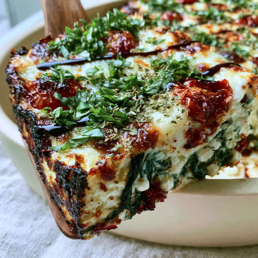 Cottage Cheese Veggie Bake: High-Protein Mediterranean Spinach Bake 1 Side view of a cottage cheese veggie bake slice showing the dense, non-watery interior with spinach and white cottage cheese pearls.