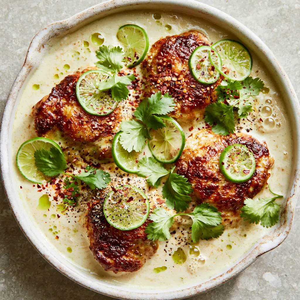 Close up of bubbling ivory coconut sauce with lime wheels and red pepper flakes.