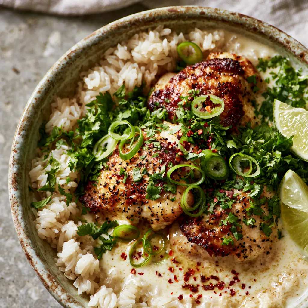 Close-up of fluffy jasmine rice pooling in a rich coconut milk broth garnished with fresh cilantro and lime wedges. (coconut chicken brothy rice)