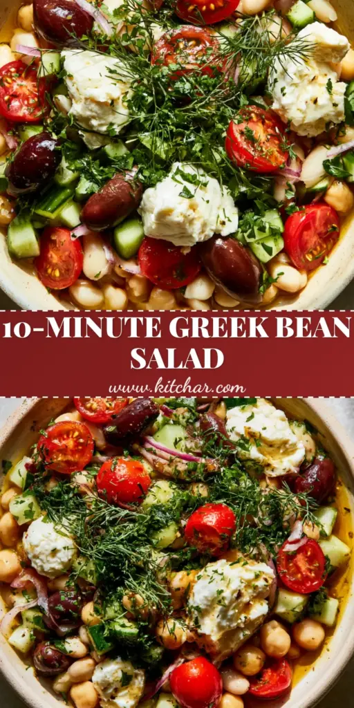 A tall, vertical shot of a vibrant Greek bean salad with cannellini beans, chickpeas, cucumber, and feta chunks, perfect for Pinterest.