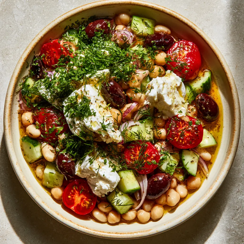Close-up detail of Greek bean salad highlighting the texture of creamy feta chunks and emerald-green parsley flakes.