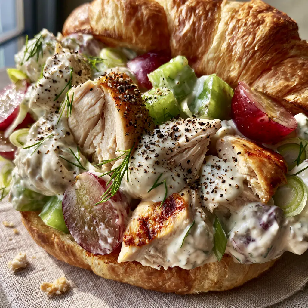 Chicken Salad Sandwiches on Toasted Buttery Croissants 2 Extreme close-up of hand-torn roasted chicken breast and thick mayo dressing in chicken salad sandwiches. (chicken salad sandwiches)