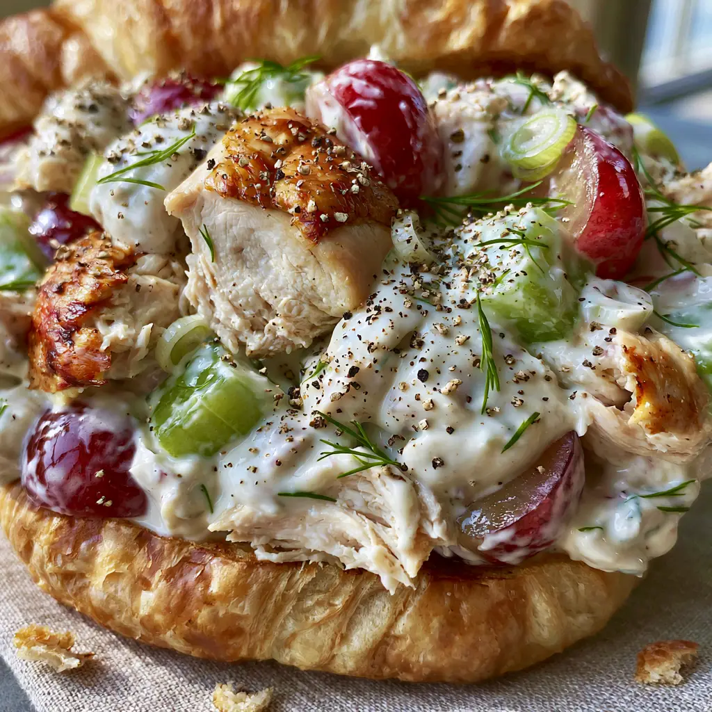Chicken Salad Sandwiches on Toasted Buttery Croissants 1 A stack of chicken salad sandwiches on flaky golden-brown croissants with fresh dill and black pepper.