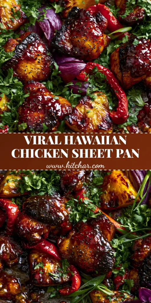 Hawaiian Chicken Sheet Pan Dinner with Charred Pineapple 3 A rustic dark metal sheet pan filled with Hawaiian chicken, charred fresh pineapple wedges, and blistered red bell peppers coated in a glossy dark amber glaze, topped with fresh cilantro and green onions.