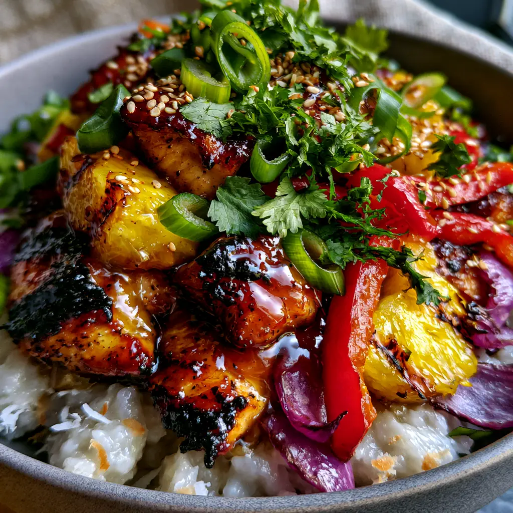 A matte-gray bowl filled with Hawaiian chicken, charred red peppers, and purple onions on a bed of coconut rice.