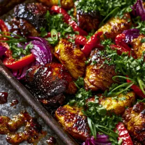 Close-up of seared Hawaiian chicken thighs and charred pineapple wedges with bubbling dark caramelized sauce bits on a weathered metal pan.